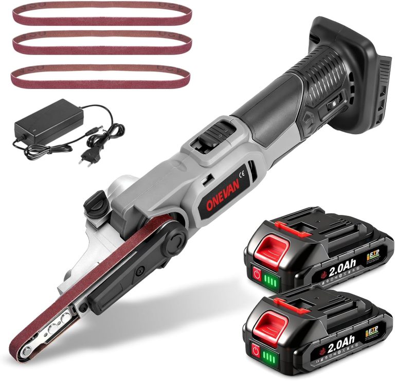 ONEVAN Ponceuse bande sans fil 2 batteries 2.0Ah Adapté petits espaces | 6 vitesses, Inclinaison Réglable à 35°, 3 Bandes Abrasives Incluses, 280–480 tr/min